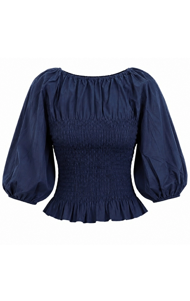 BLUSA AZUL MARINO CON CUERPO FRUNCIDO BLUSA AZUL MARINO CON CUERPO FRUNCIDO